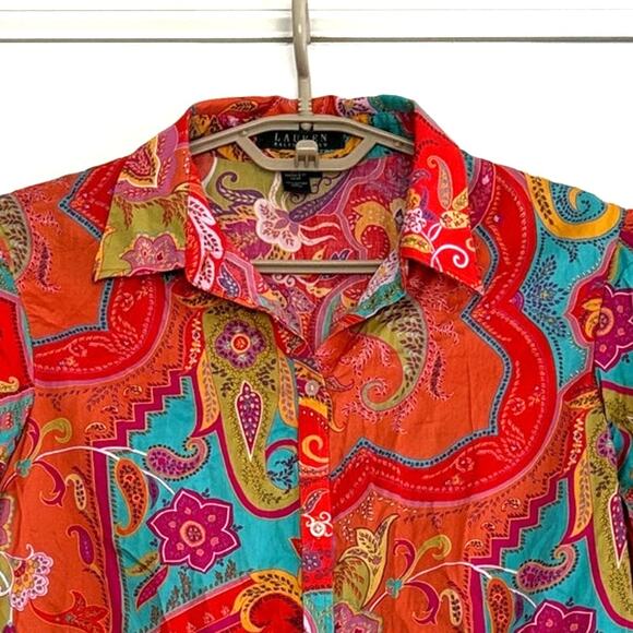 Lauren Ralph Lauren Puff Sleeve Button Shirt Colorful Paisley Large preppy - Picture 2 of 6